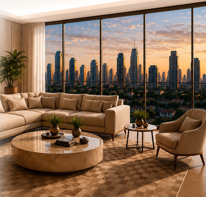Sala de estar contemporânea com vista para o skyline de São Paulo ao entardecer